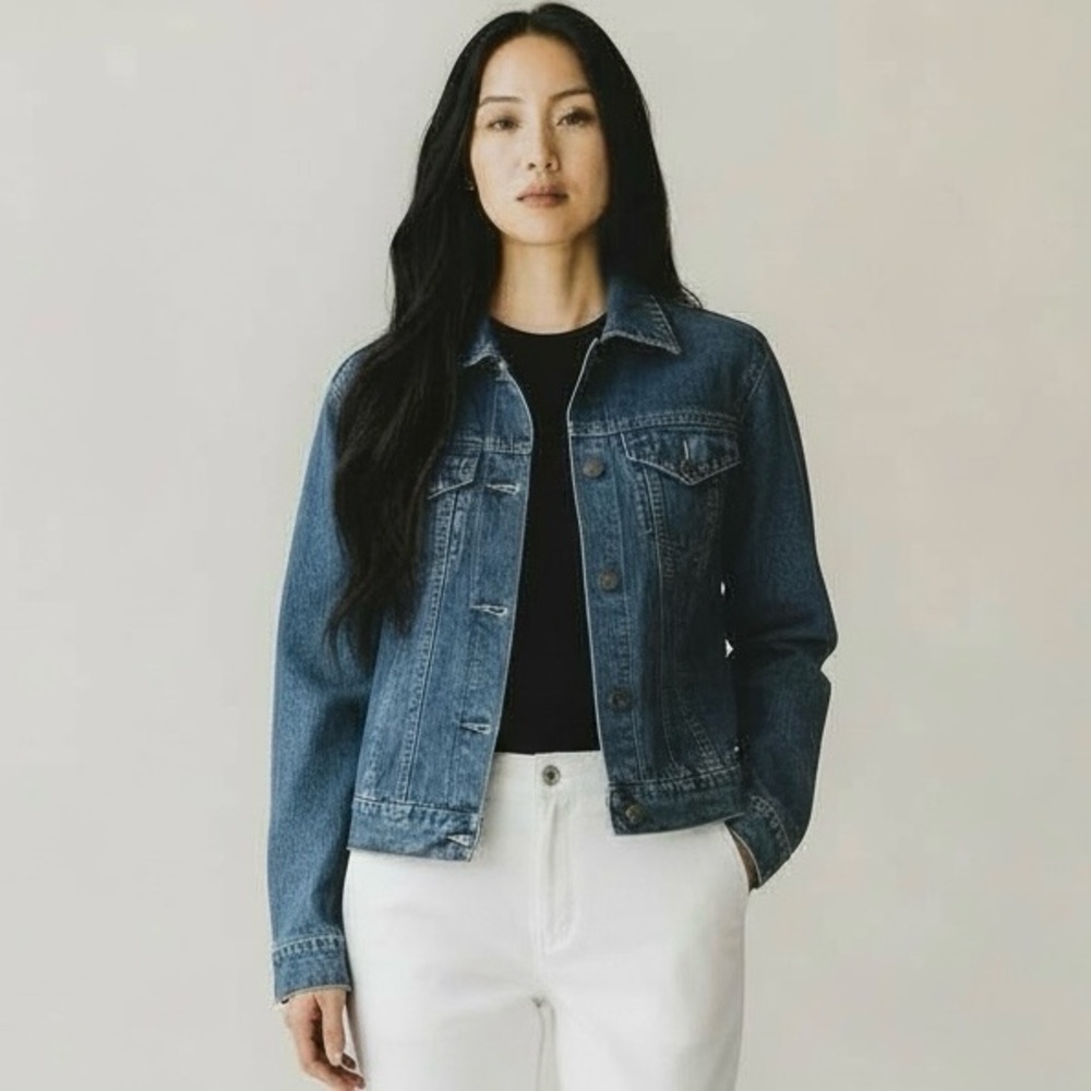 Denver Hayes Jean Jacket Classic  Denim Trucker Cropped Dark Blue XS